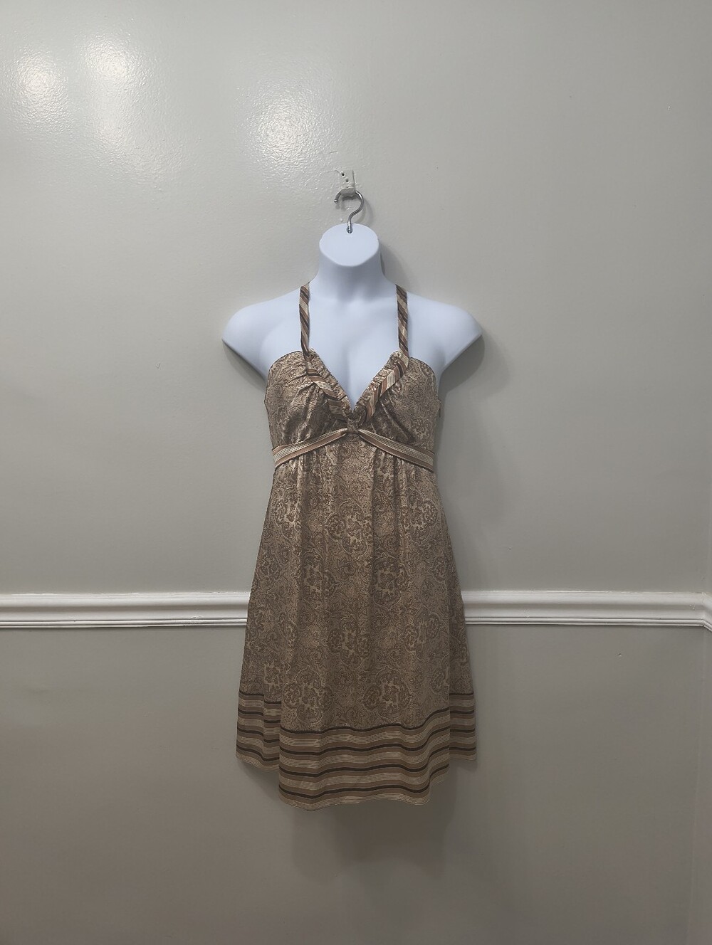 BCBGMaxAzria  Y2K Paisley Silk Halter Dress Brown Fairy Core Summer Chic Boho